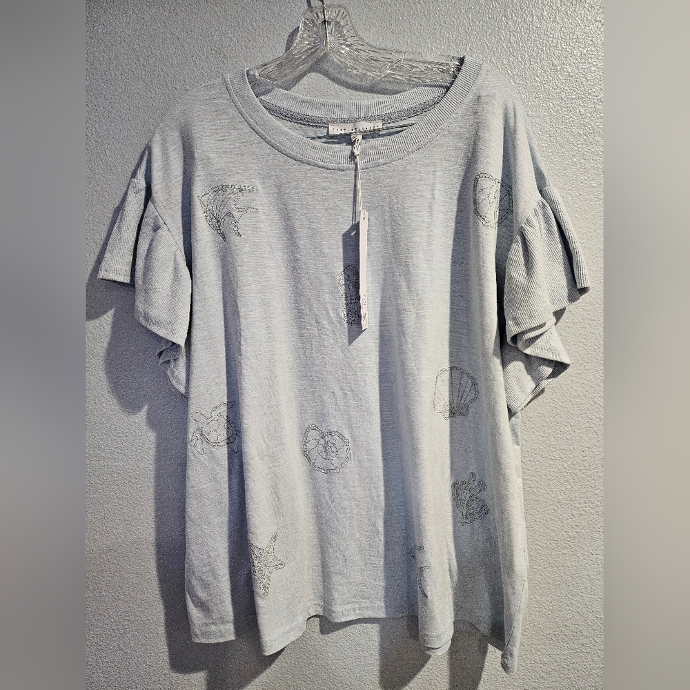 Jane + Delancey Knit Top  Embroidered Ruffled Sleeves Nautical Ocean Blue 1X